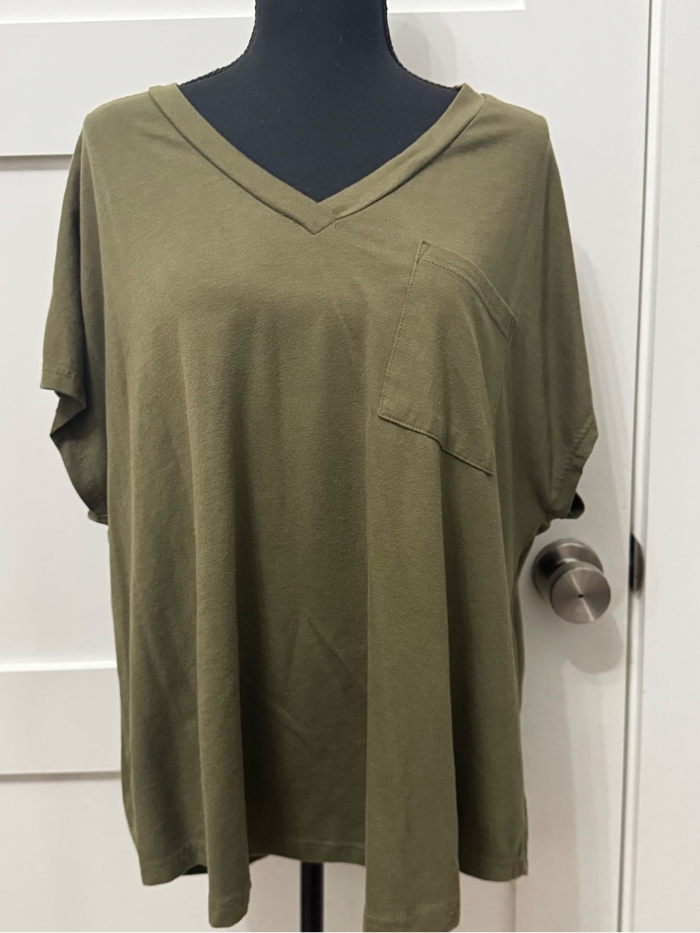 SHEIN Olive V-Neck Pocket Tee - Olive Green